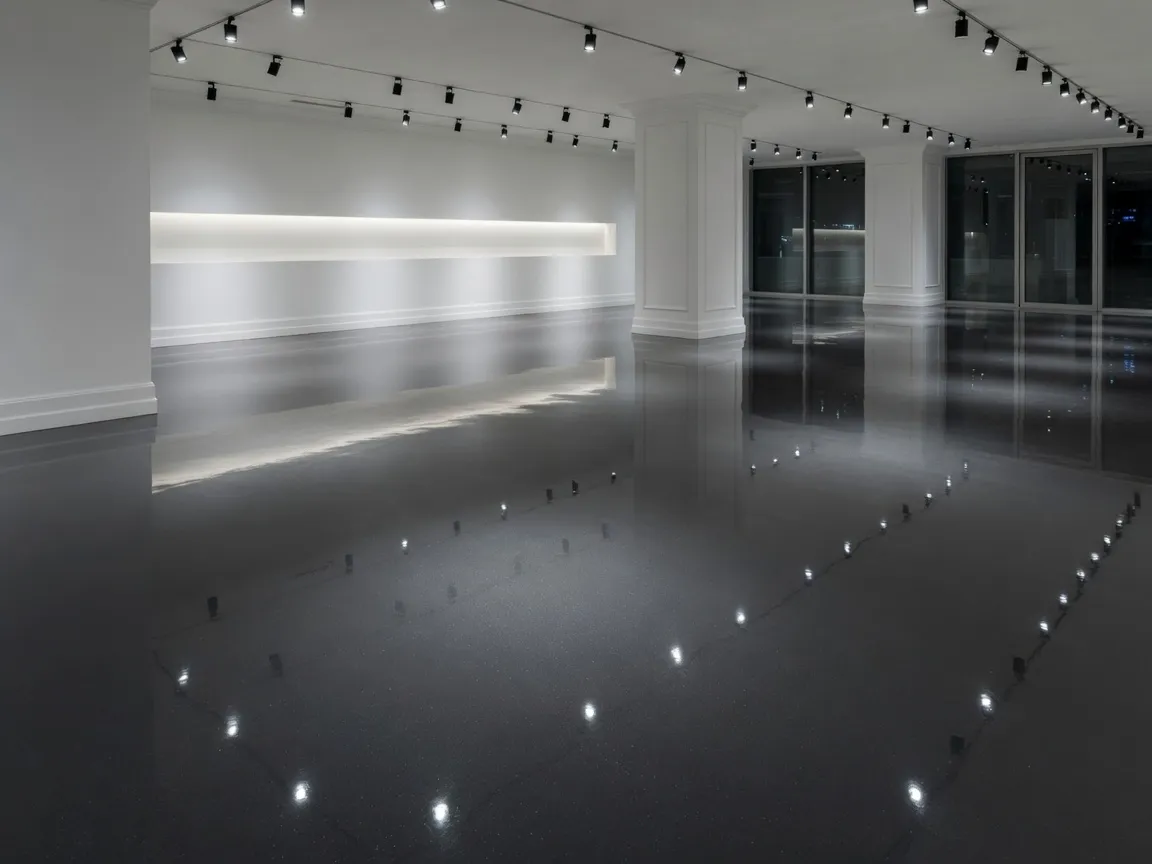 After: same showroom with ultra high-gloss graphite epoxy floor reflecting gallery lights