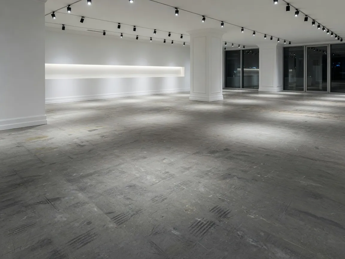 Before: upscale gallery showroom with scuffed unfinished concrete floor under track lighting