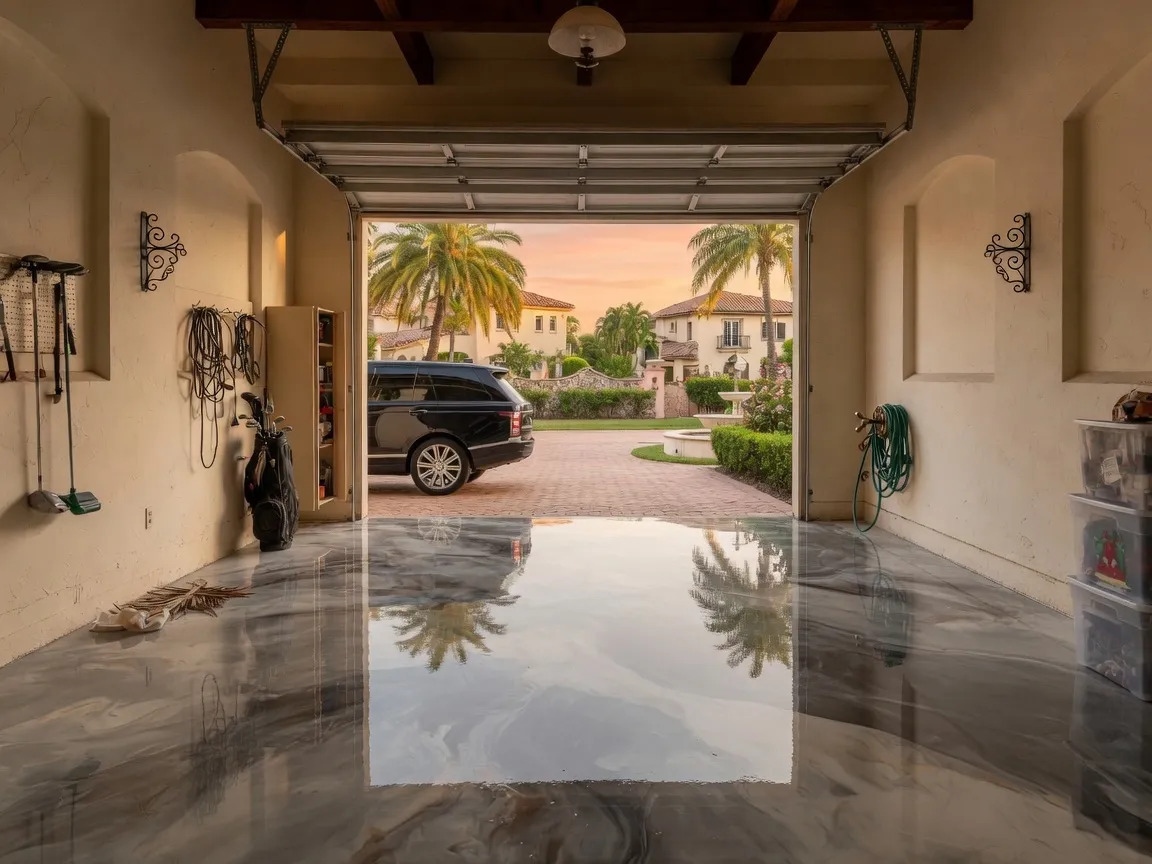 After: same estate garage with high-gloss pewter and champagne metallic epoxy floor reflecting the sunset courtyard