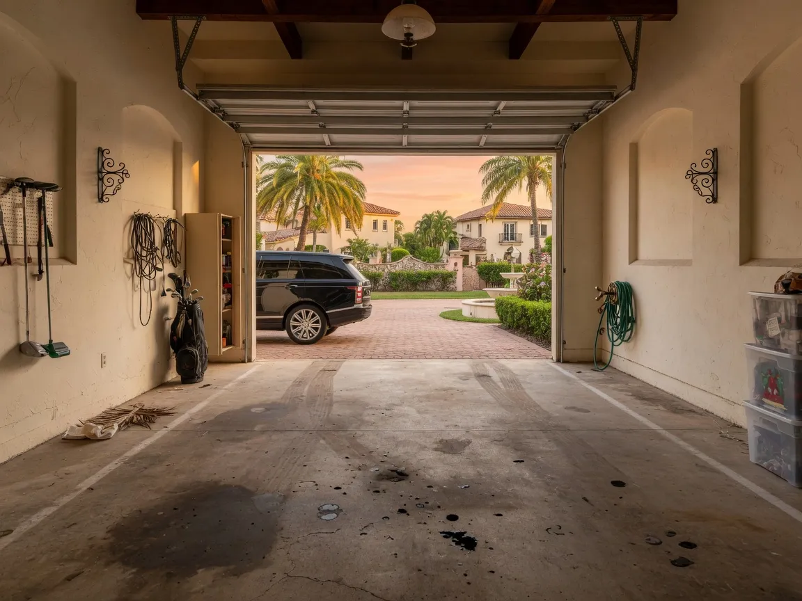 Before: luxury Mediterranean estate garage with oil-stained concrete and tire marks, courtyard and palms beyond