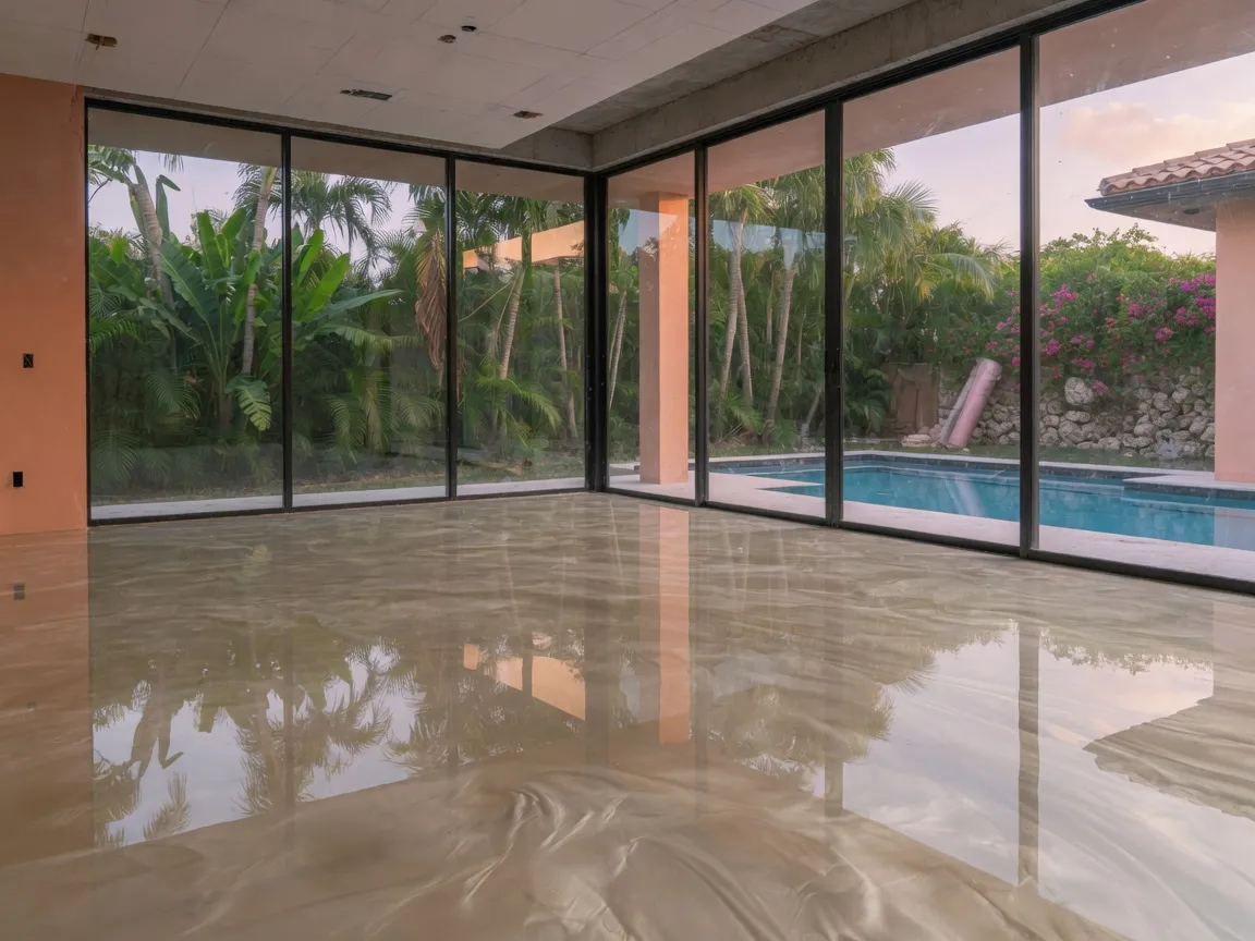 After: same pavilion with flowing champagne and platinum metallic epoxy floor mirroring palms and water