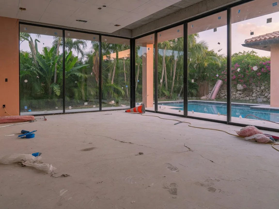 Before: luxury Coral Gables home under renovation with bare cracked concrete overlooking a tropical pool