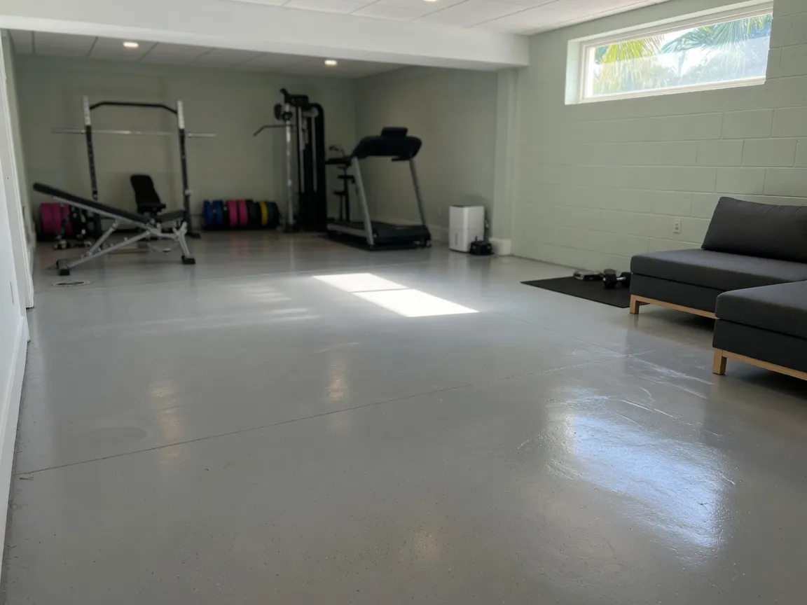 Clean sealed soft-gray epoxy floor in a finished basement living space