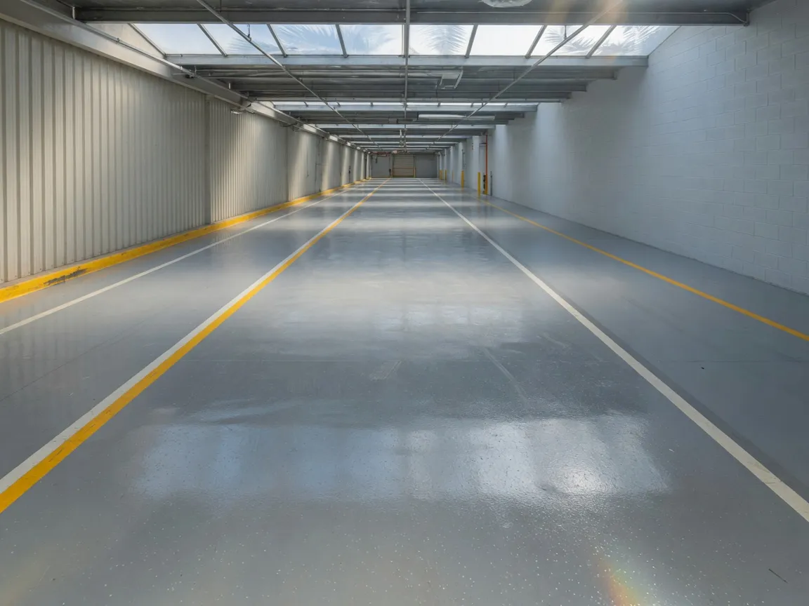 Long commercial warehouse aisle with sealed gray industrial epoxy floor coating