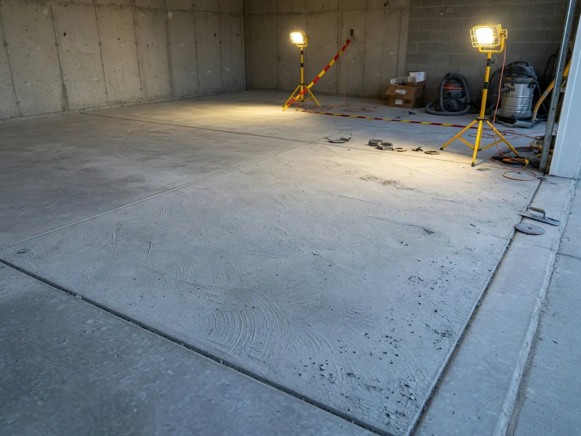 Professionally diamond-ground concrete slab prepared for epoxy floor coating