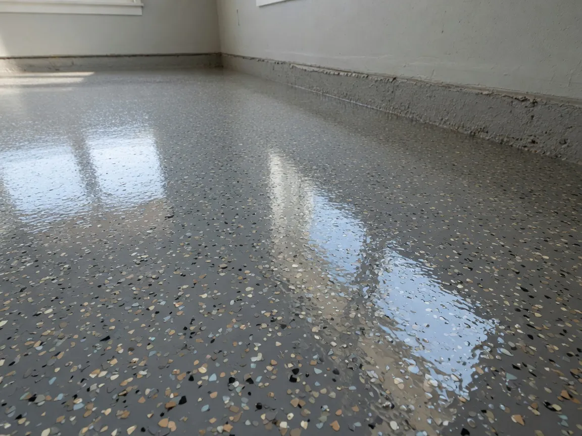 Finished decorative flake epoxy garage floor with high-gloss seal in a Coral Gables home