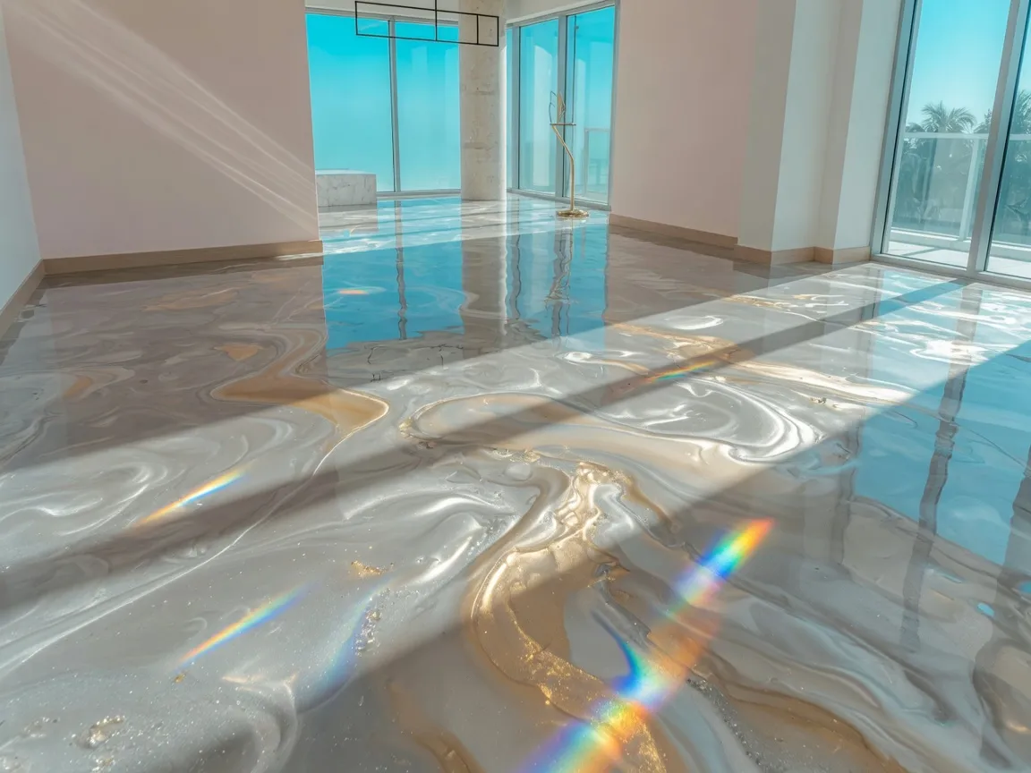 Premium metallic epoxy floor with flowing silver and champagne swirls in a bright showroom