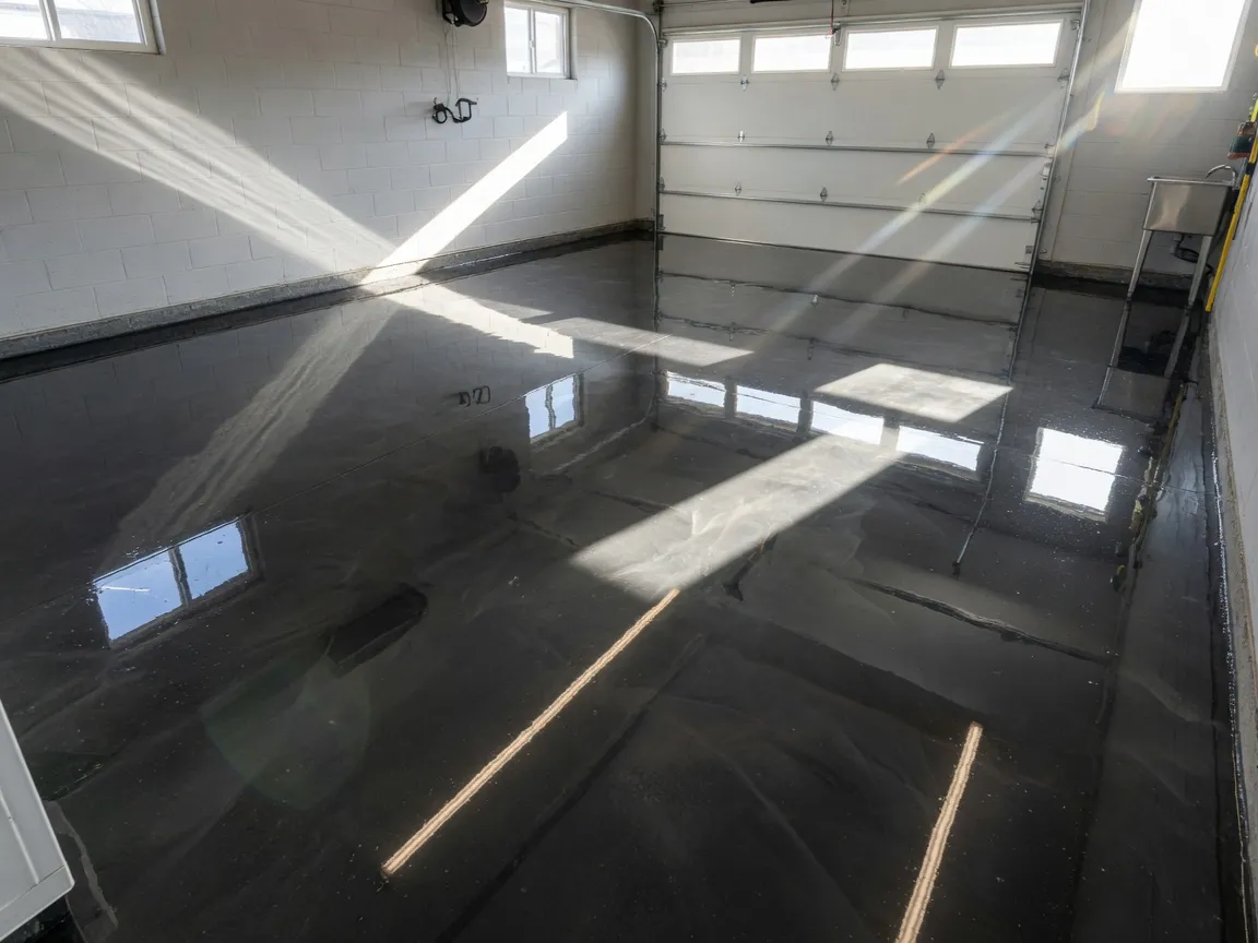 Ultra high-gloss polyaspartic topcoated garage floor reflecting sunlight