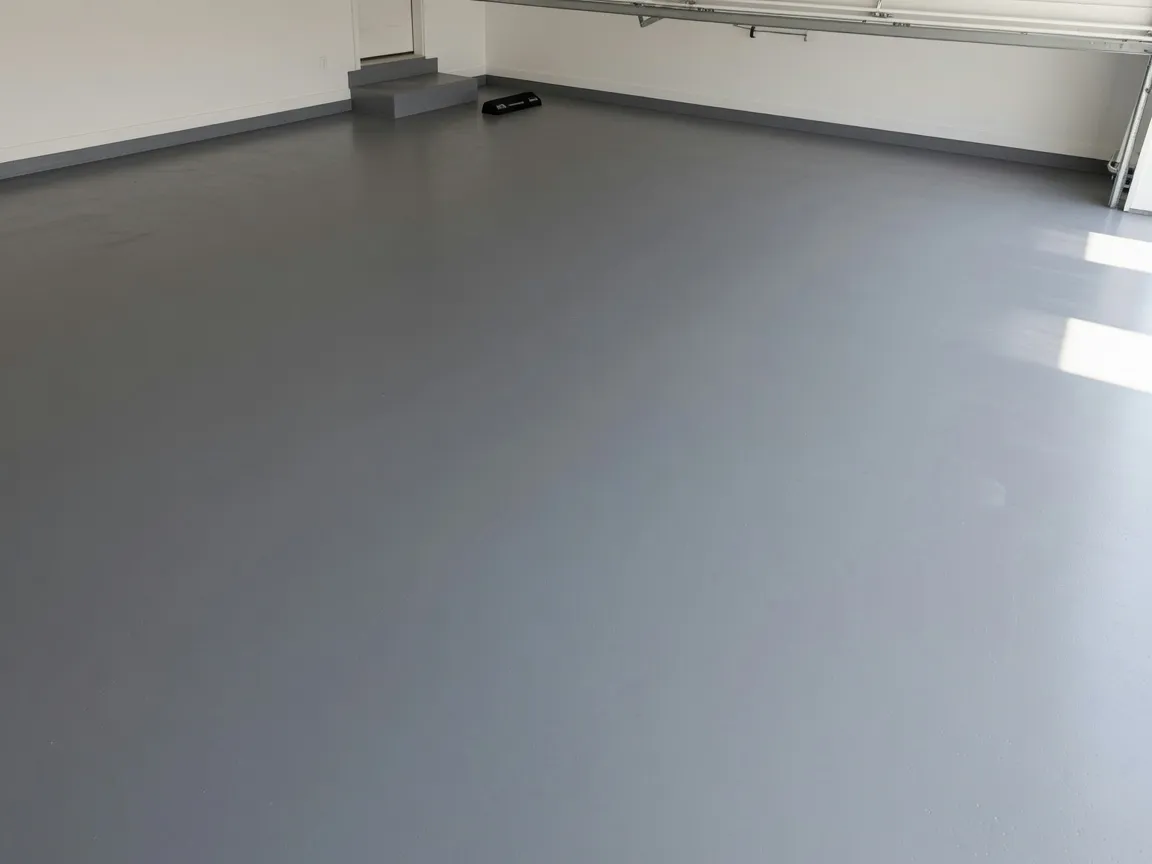 Uniform medium-gray solid color epoxy floor in a modern residential garage