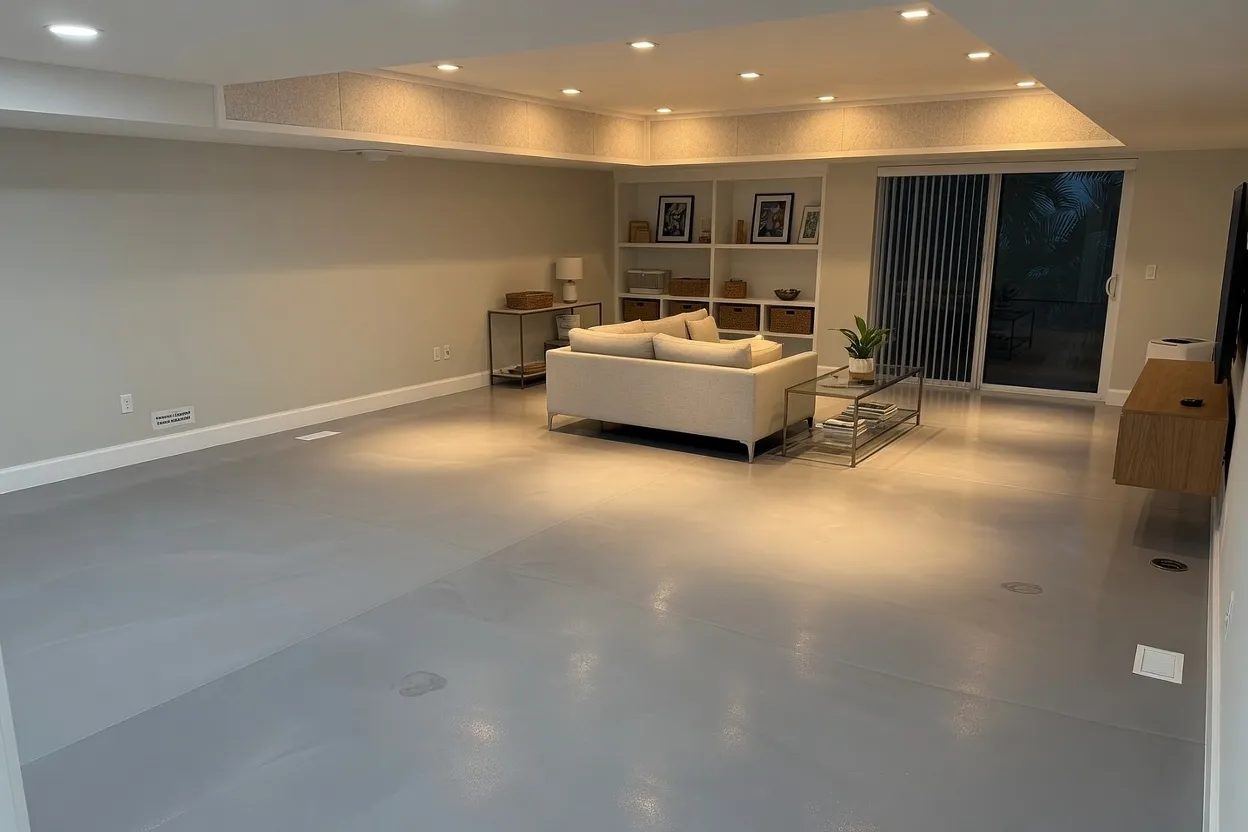 Soft gray sealed basement epoxy floor in a finished South Florida lower-level living space
