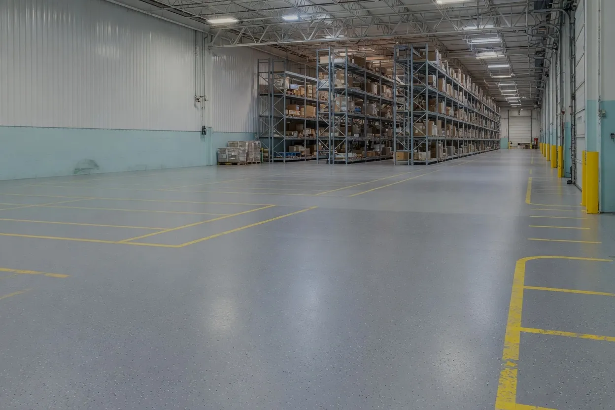 Seamless gray commercial epoxy warehouse floor coating along a clean facility aisle