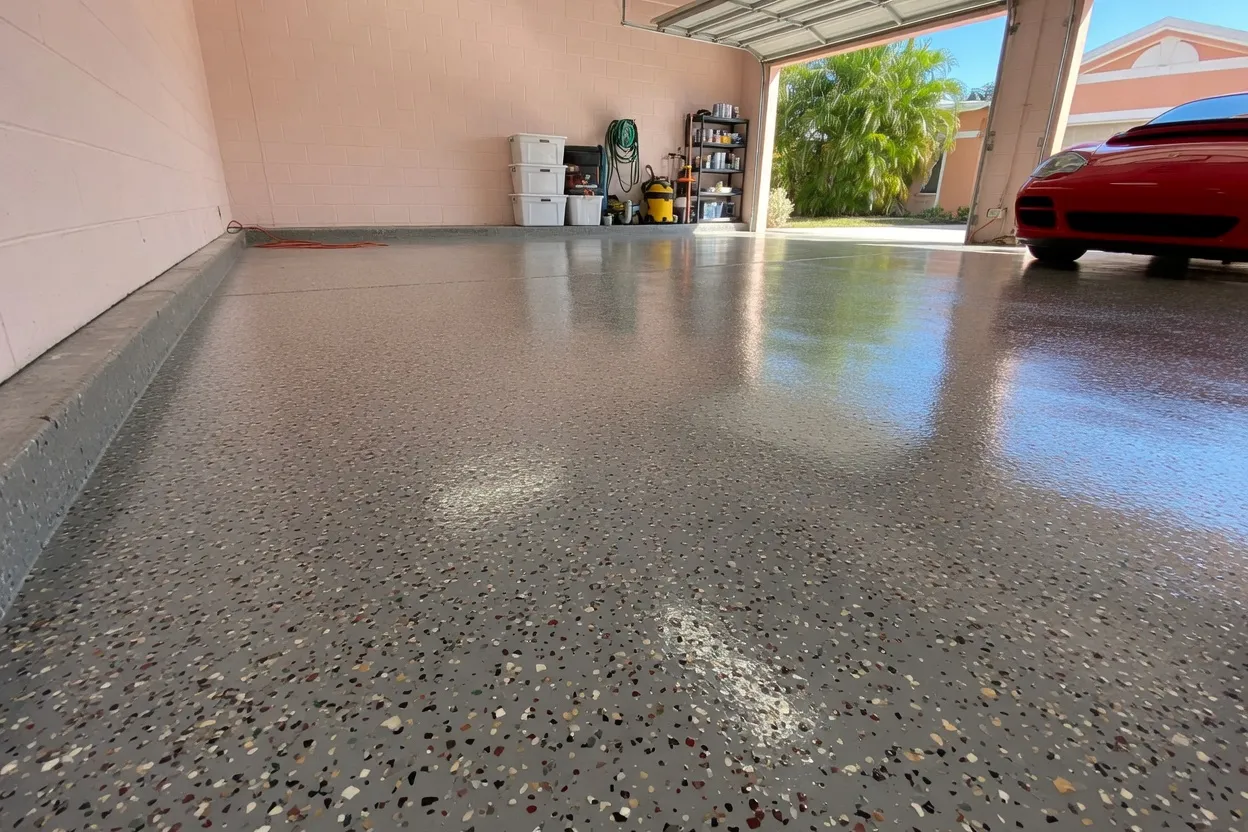 Full-broadcast multi-color epoxy flake garage floor with durable glossy clear coat