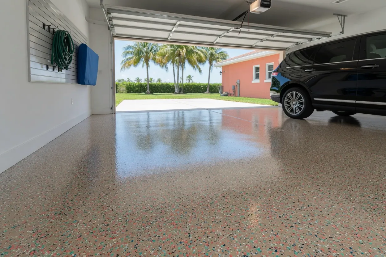 Professional decorative flake epoxy garage floor coating with high-gloss topcoat in a South Florida home