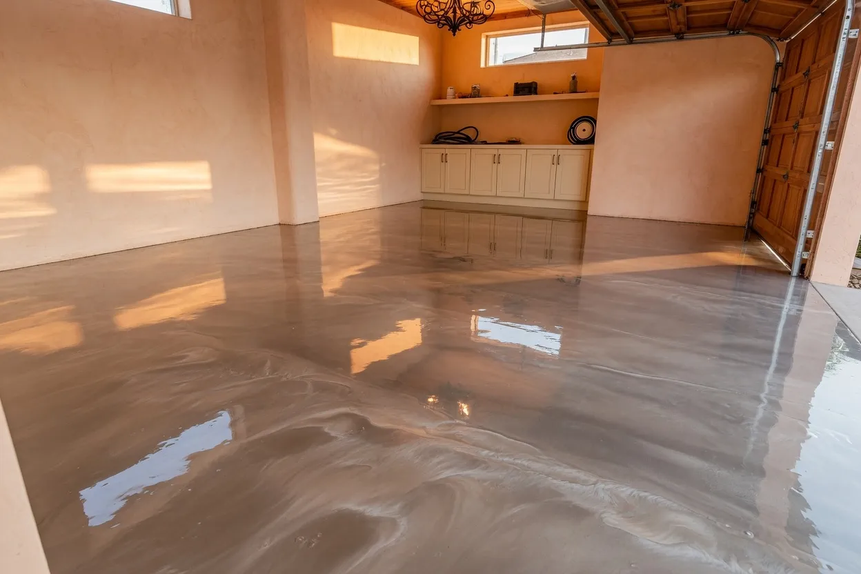 High-gloss metallic epoxy floor installation in a luxury Coral Gables Florida garage with Mediterranean courtyard light