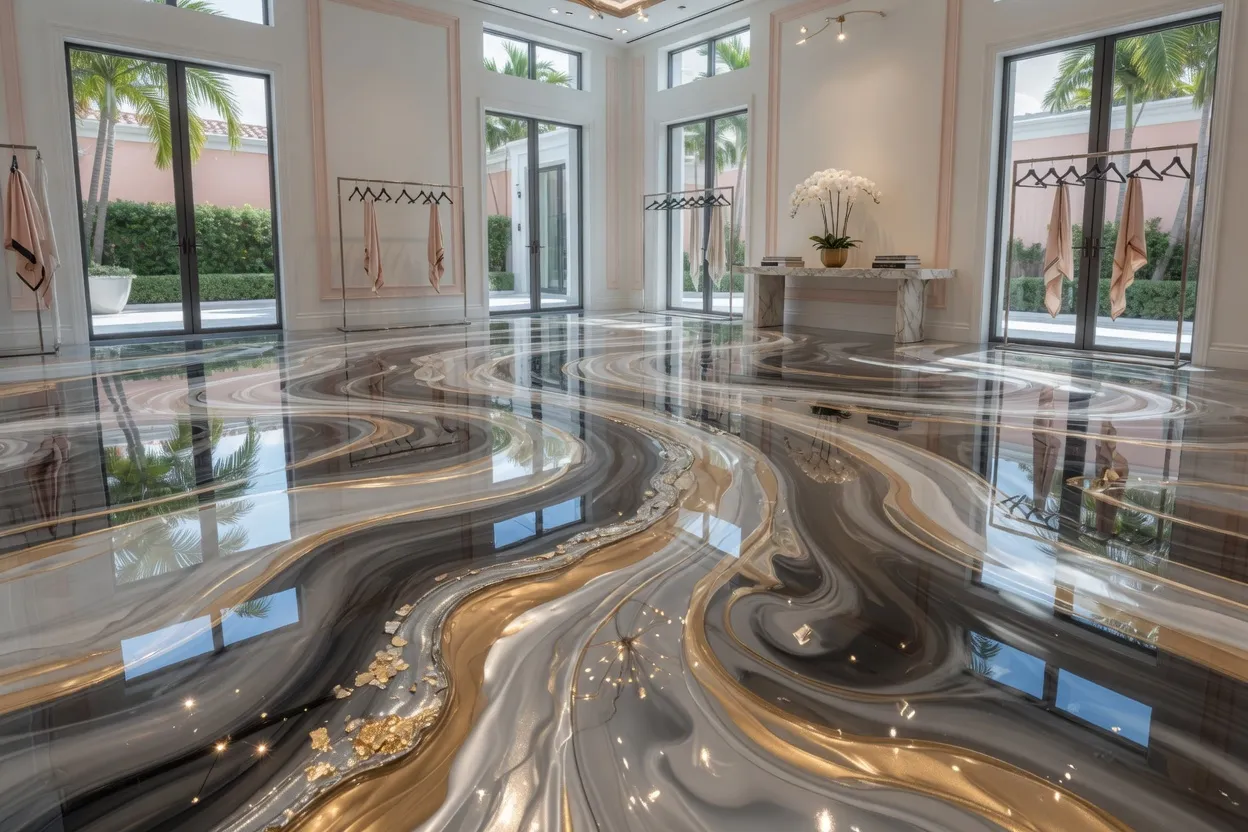 Custom metallic epoxy floor with flowing silver and champagne color movement in a bright showroom