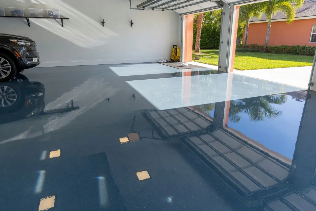 Ultra high-gloss polyaspartic topcoated garage floor reflecting Florida sunlight