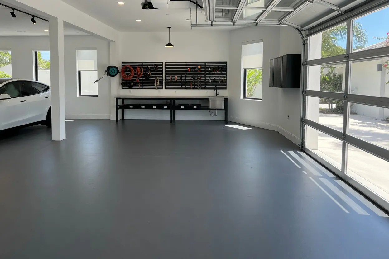 Uniform medium-gray solid color epoxy floor in a modern residential garage